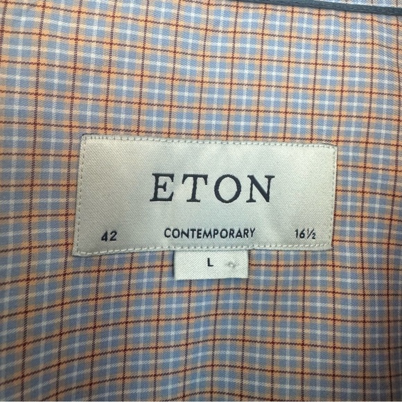Eton Checkered Plaid Button Down Dress Shirt Orange & Blue - Picture 3 of 4